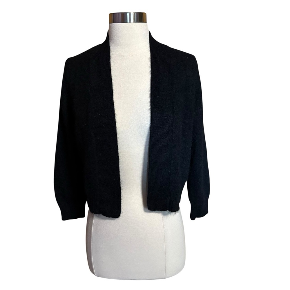 Calvin Klein Black Angora Soft Comfy Crop 3/4 Sleeve Open Front Bolero Cardigan